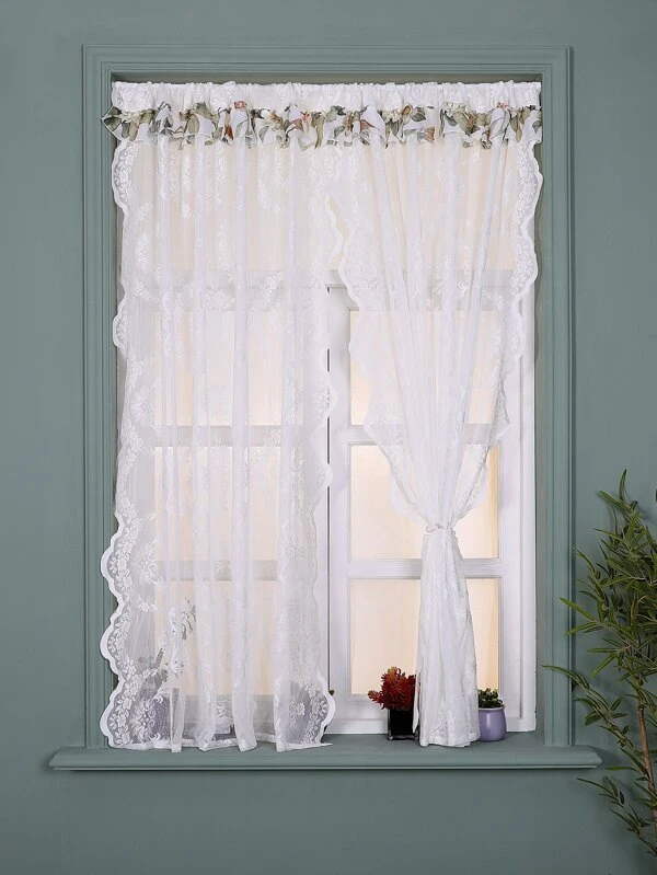 Floral Embroidered Scallop Trim Single Panel Sheer Curtain White