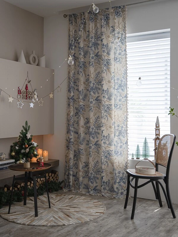 Christmas Floral Print Single Panel Blackout Curtain Multicolor