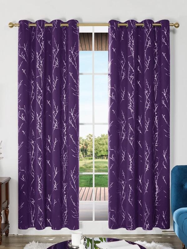 2pcs Blackout Curtains, 52 Width Thermal Insulated Room Darkening Drapes For Bedroom And Living Room, Curtains With Tree Branches Pattern,2 Panels Purple