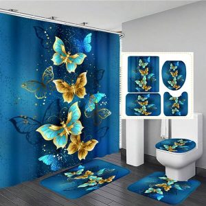 1pc Butterfly Bohemian Style Polyester Waterproof Thermal Insulated Home Decor Shower Curtain, With 12 Hooks; Or 4pcs 1.3cm Thick Anti-Slip Memory Foam Bathroom Mat Set, For Bathroom Decoration, Full Scenarios Usage Multicolor