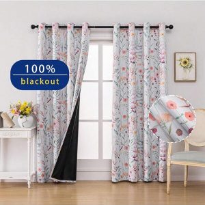 2Panels Floral 100% Blackout  Curtains, Romantic Pink Floral Print Curtains, Top Grommet Suspension, Sun Protection, Heat Insulation, Shading, Thick Noise Reduction Film Coating, Shading Curtains, Deep Sleep Curtains Suitable For Bedroom, Living Room, Home Decoration Multicolor