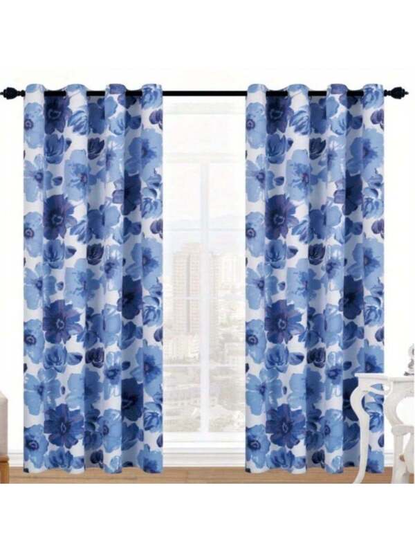 2 Panels Romantic Floral Print Curtains For All Seasons, Window Treatment With Grommet Curtain For Bedroom And Living Room 52W X 84L Inches Dark Blue