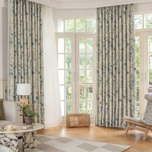 1pc Leaf Printed Curtain, Botanical Style Polyester Opaque Rectangular Curtain Panel For Living Room, Bedroom Blue