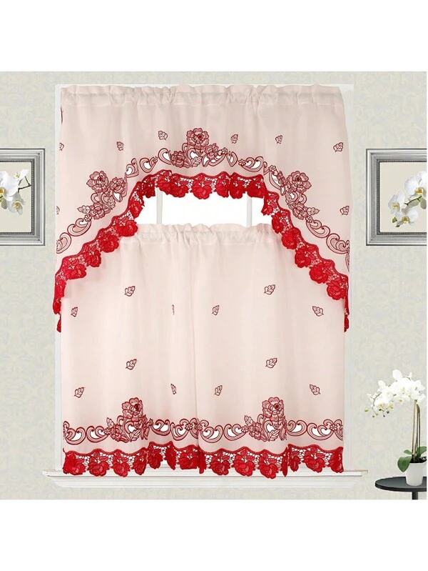 3pc Curtain Set For Kitchen And Home Embroidered Roses Design Modern Style Consist Of 2 Tiers: 30"X36" Each And A Swag: 60"X36" Available In Beige/Red Or Beige/Gold Colors Red